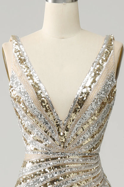 Mermaid Deep V Neck Golden Long Backless Prom Dress with Silt