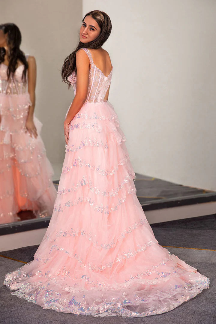 A-Line Princess Tulle Sheer Corset Bodice Ruffle Prom Dress