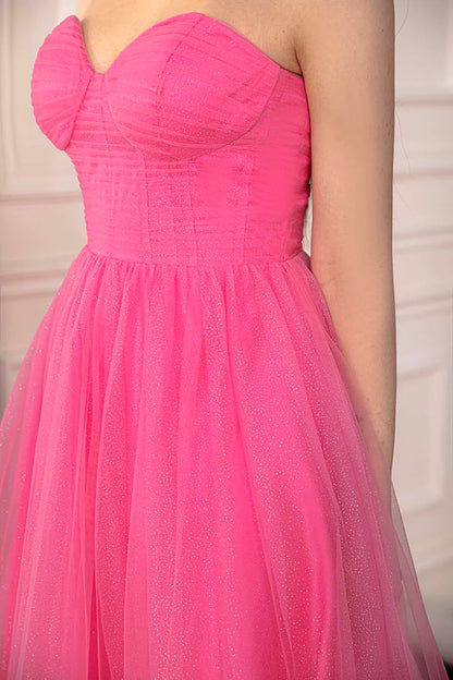 A-Line Princess Pink Strapless Long Tulle Prom Gown Prom Dress