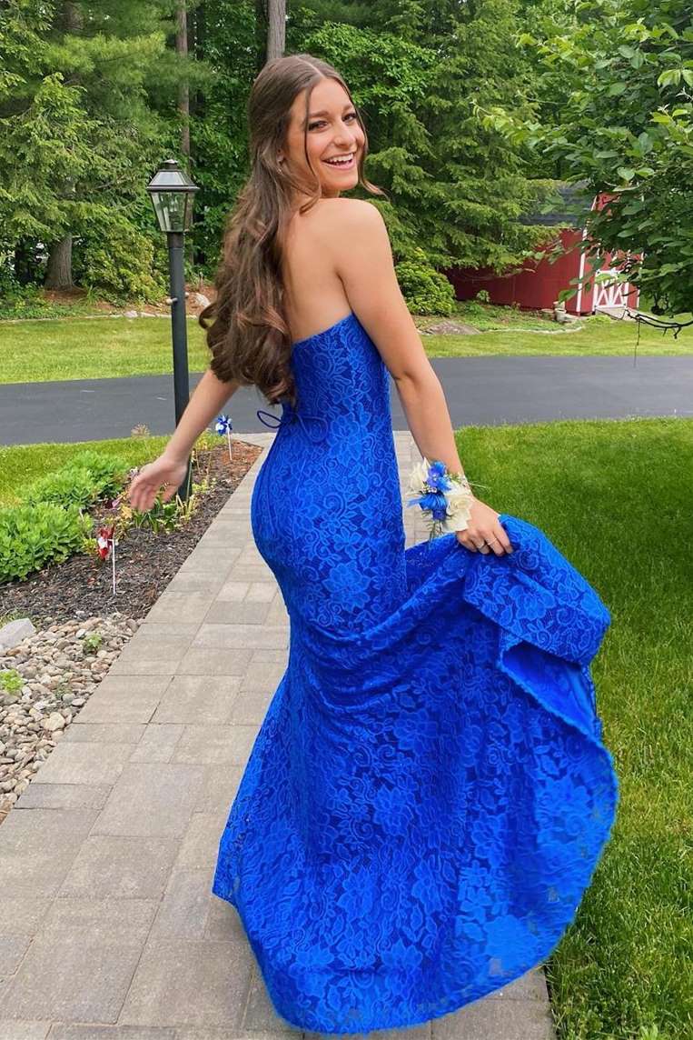 Mermaid Strapless Royal Blue Lace Floor-length Prom Dress with Slit