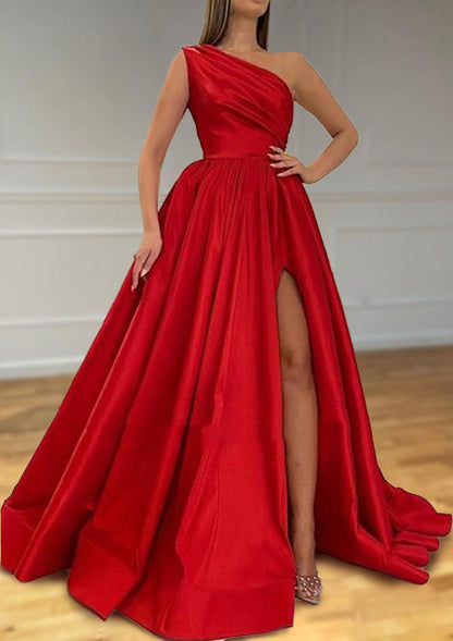 A-line One-Shoulder Satin Prom Dress With Pleated Split