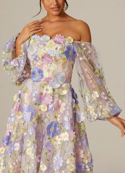 A-Line Prom Dresses Vintage Dress Long Sleeve Square Neck Tulle with Appliques