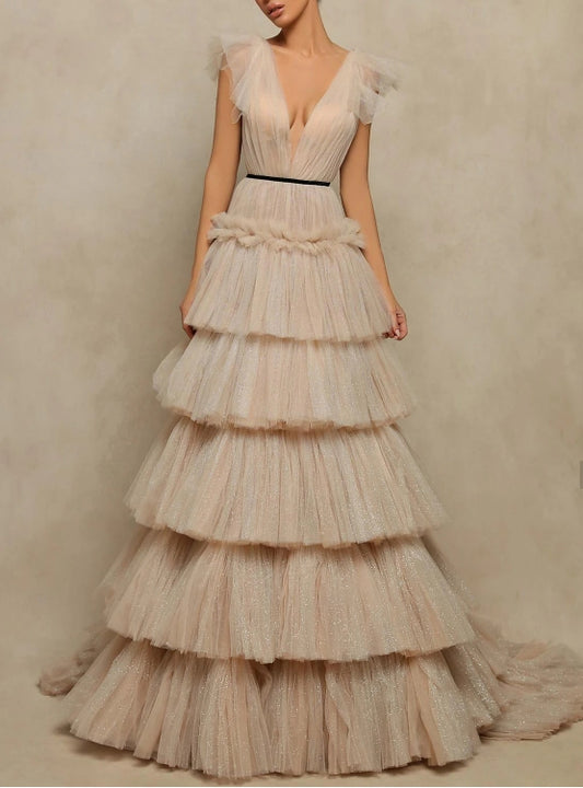 A-Line Prom Dress Sweep / Brush Train Sleeveless V Neck Tulle V Back with Ruffles