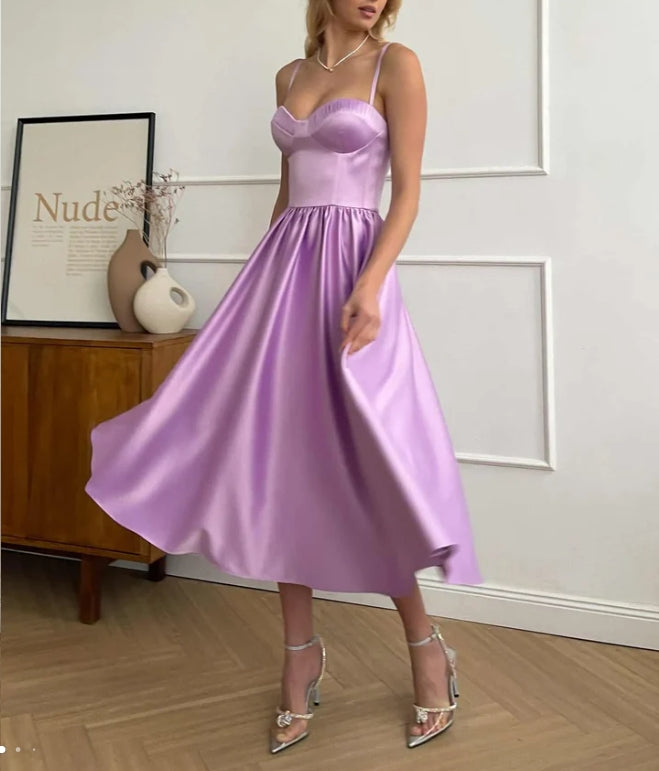 A-Line Prom Dress Pleated Bust Cups Cocktail Dresses Midi Dress