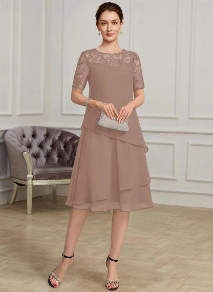 A-Line Mother of the Bride Dress Elegant Jewel Neck Tea Length Chiffon Short Sleeve with Lace