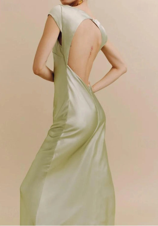 Elegant Dress Formal Prom Dress Floor Length Short Sleeve Boat Neck Satin Backless with Ruched