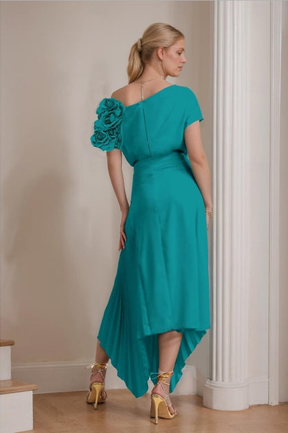 A-Line Wedding Guest Dresses Ankle Length Short Sleeve V Neck Stretch Crepe with Pleats
