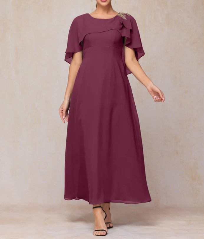 Short Sleeves Ankle Length Cape Chiffon Mother Of The Bride Dress