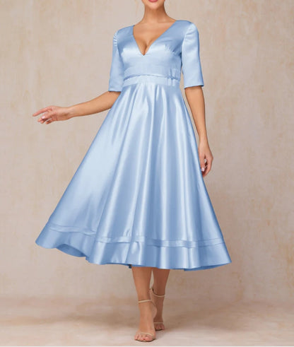 V Neck Short Sleeves Formal Tea Length Satin Mother Of The Bride Dress