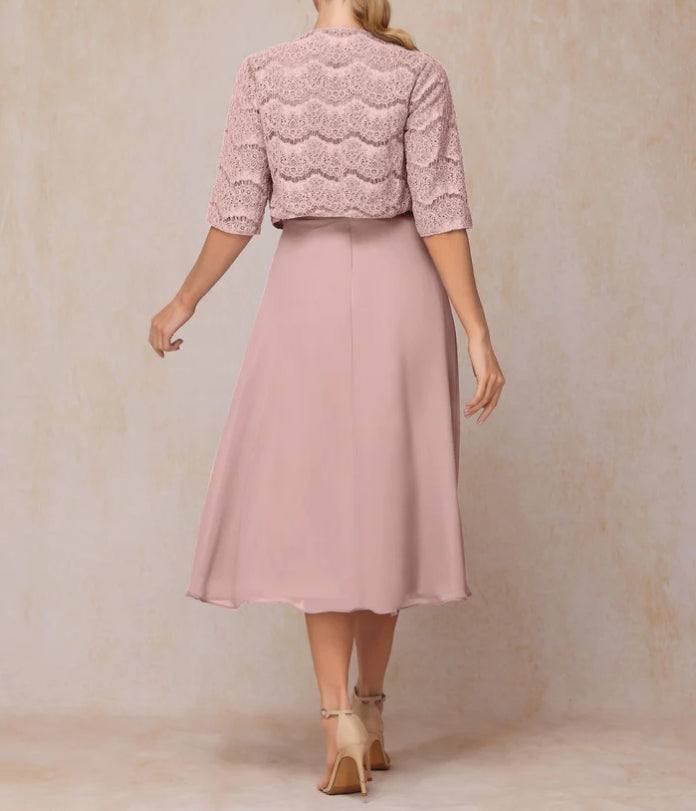 A Line Tea Length Chiffon Lace Mother Of The Bride Dress
