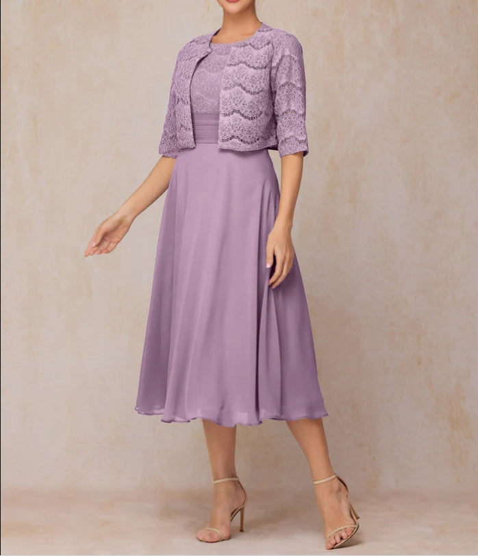 A Line Tea Length Chiffon Lace Mother Of The Bride Dress