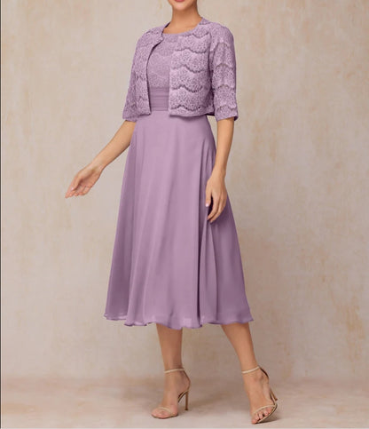 A Line Tea Length Chiffon Lace Mother Of The Bride Dress