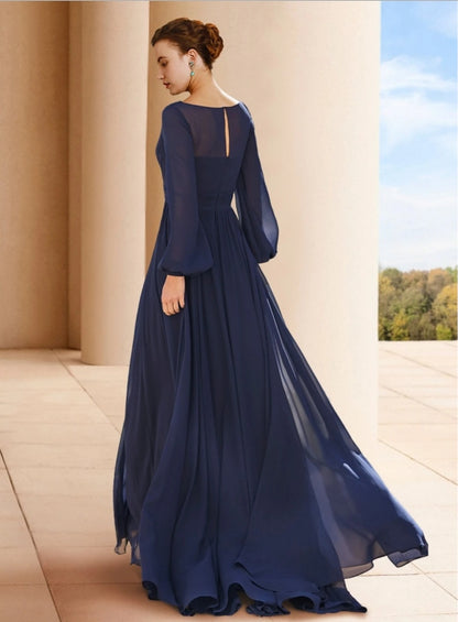 A-Line Mother of the Bride Elegant V-Neck Floor Length Chiffon Long Sleeve with Ruching
