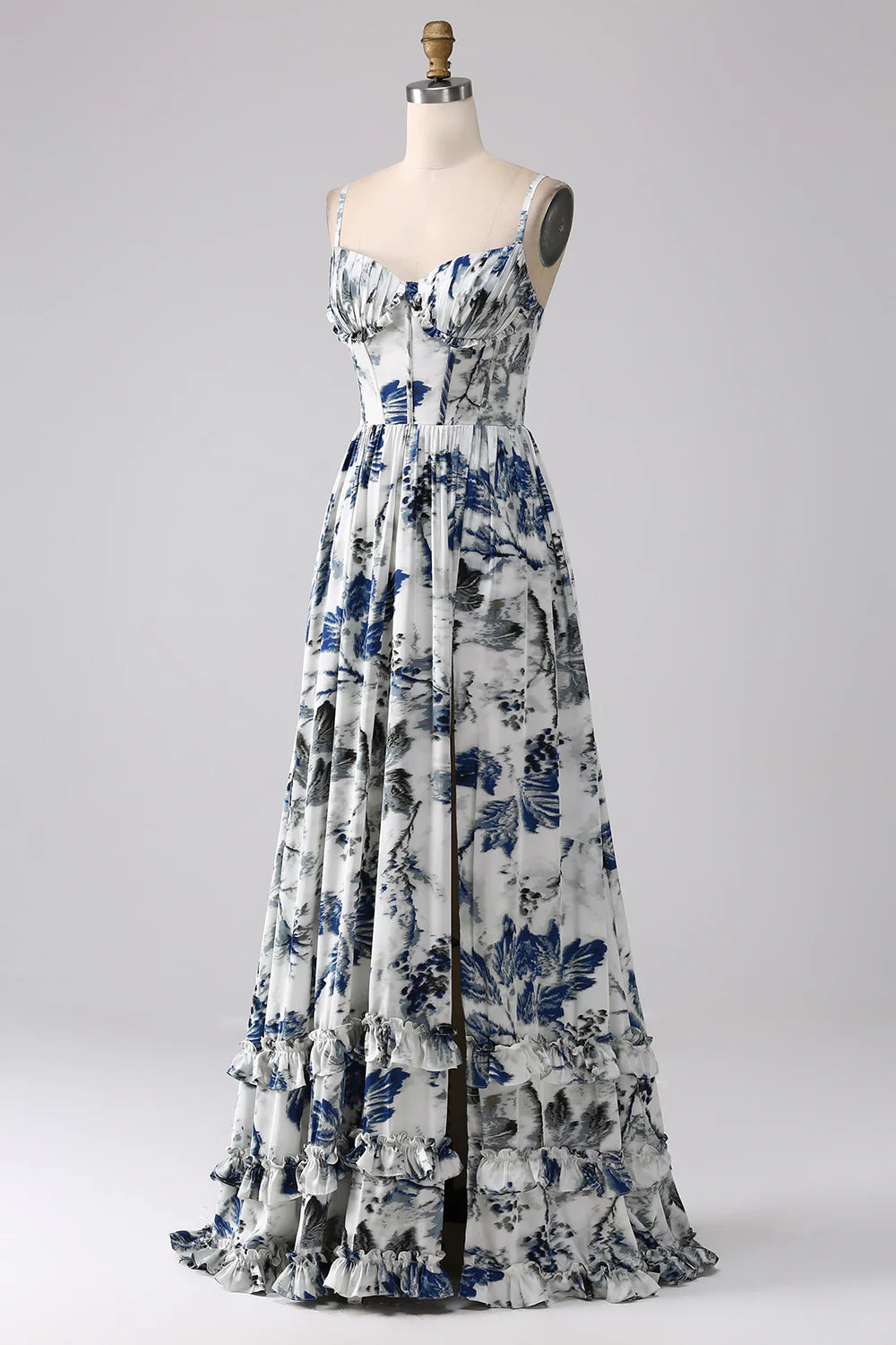 A-Line Spaghetti Straps Pleated Printed Long Bridesmaid Dress Wedding Guest Party Dresses With Slit