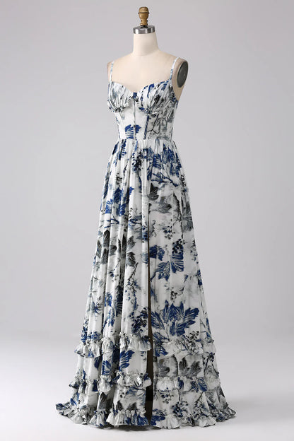 A-Line Spaghetti Straps Pleated Printed Long Bridesmaid Dress Wedding Guest Party Dresses With Slit