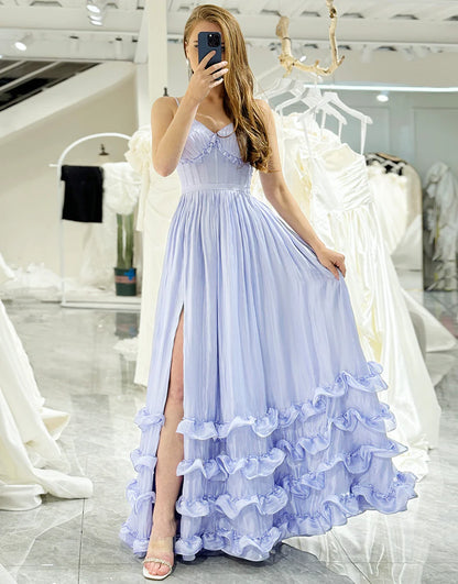 Lavender A Line Tiered Long Prom Dress With Slit