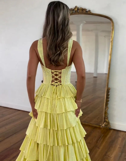 Yellow A Line V-Neck Beaded Long Layered Prom Dress with Slit