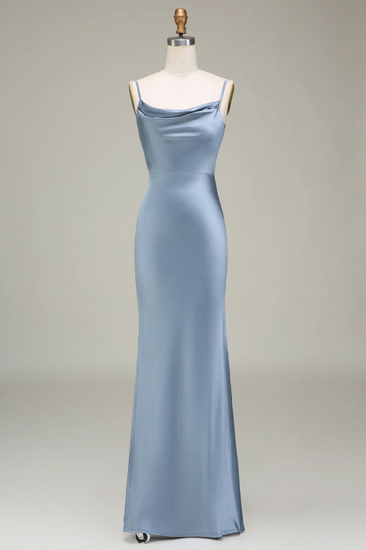 Dusty Blue Sheath Spaghetti Straps Floor-length Satin Bridesmaid Dress Evening Dresses