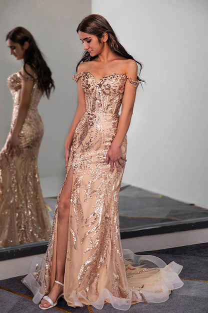 Off the Shoulder Slit Sequins/Sparkling Champagne Corset Prom Dress Court Train Dresses