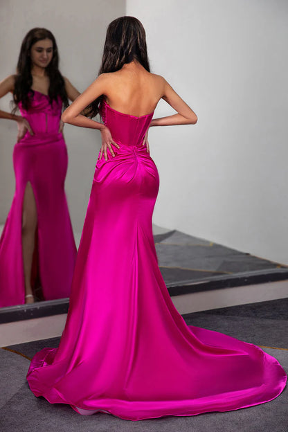 Fuchsia Strapless Satin Ruched Prom Dress With Slit Sweep/Brush Train Dresses