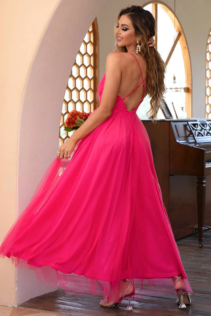 Fuchsia Tulle Spaghetti Straps Simple Prom Dress A-Line Princess Evening Dresses