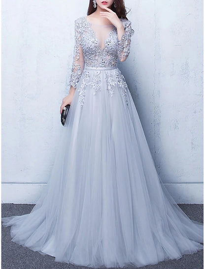 A-Line Evening Gown Prom Dress Chapel Train Half Sleeve Illusion Neck Tulle with Beading Appliques