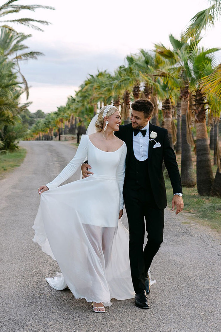 Simple Sheath Boat Neck Long Sleeves Short Wedding Dresses with Detachable Skirt
