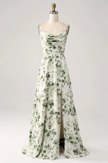 A-Line Cowl Neck Printed Long Green Bridesmaid Dress Prom Dresses With Slit