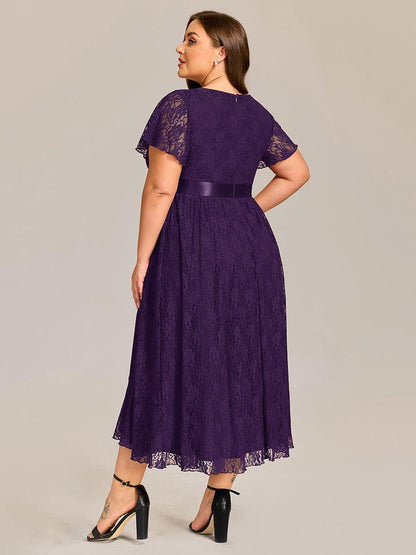 Plus Size Lace Flutter Sleeves Round Neckline Midi Formal Dress Plus Size Lace Flutter Sleeves Round Neckline Midi Formal Dress