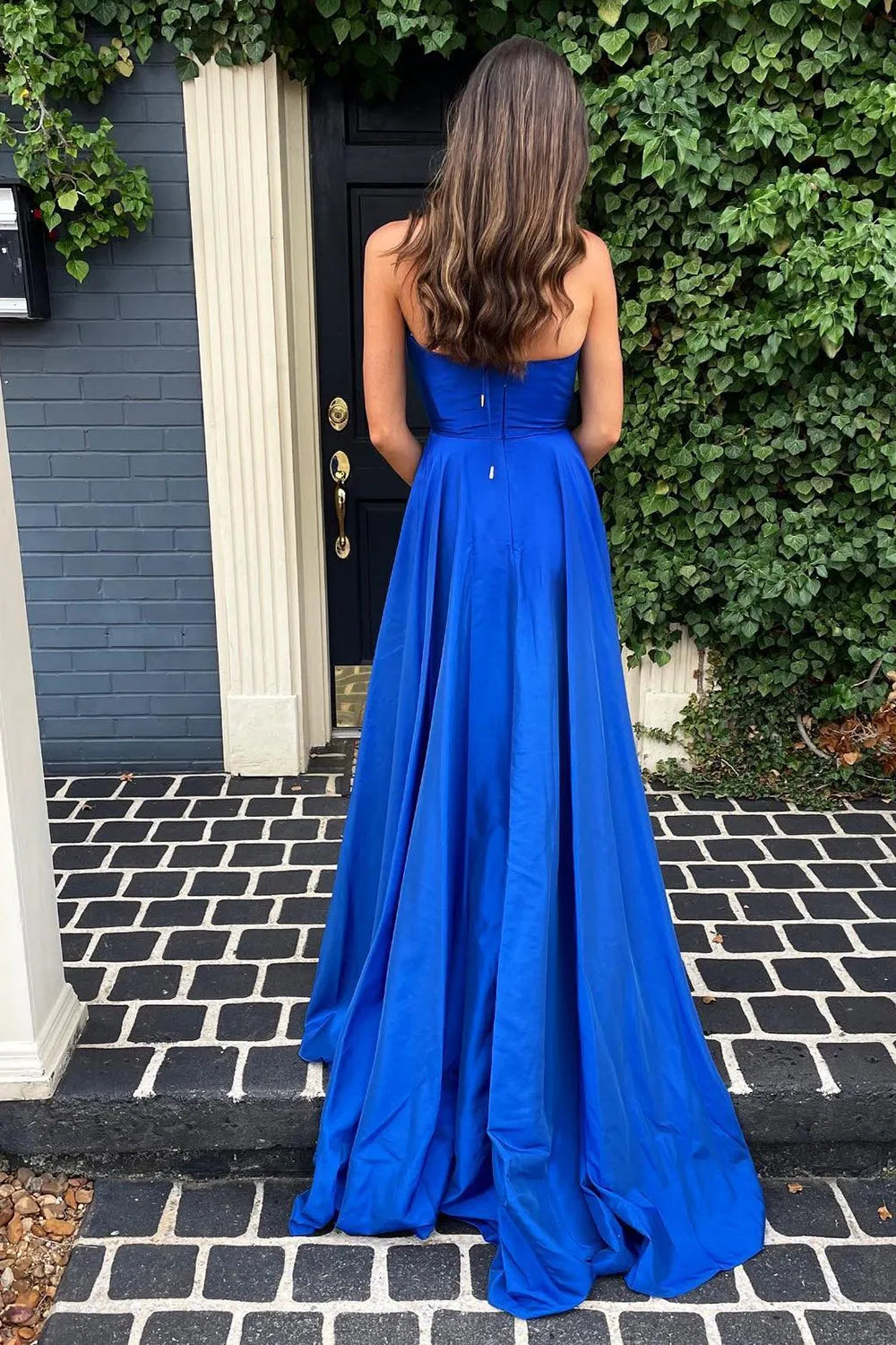 Simple A Line Deep V Neck Royal Blue Long Prom Dress Evening Dresses with Split Front