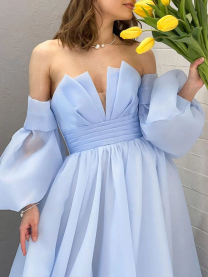Organza Blue Long Prom Dress Puff Sleeves Blue Long Formal Party Dress