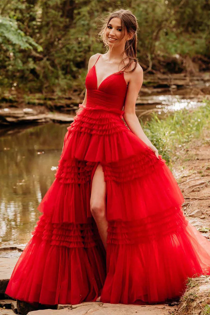 A-Line Princess Ruffle Tiered Tulle Long Prom Dress With Slit