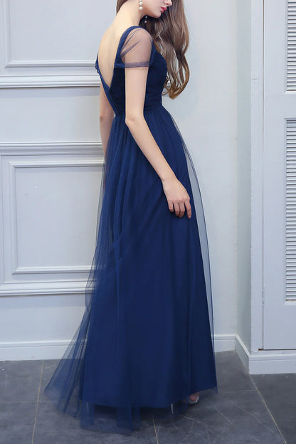 A-line V-neck Long Tulle Bridesmaid Dress Prom Dress