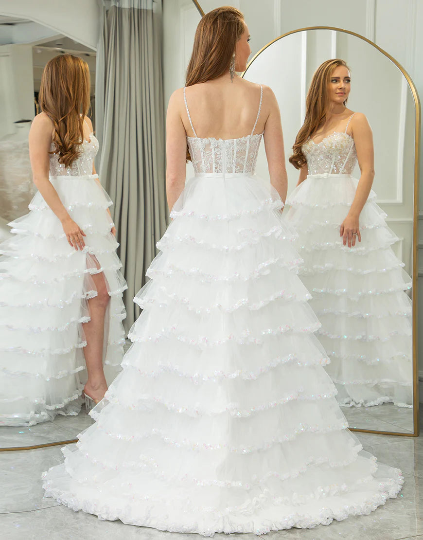 A Line Princess Spaghetti Straps Tier Long Prom Dress With Slit