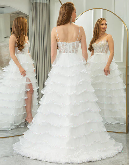A Line Princess Spaghetti Straps Tier Long Prom Dress With Slit