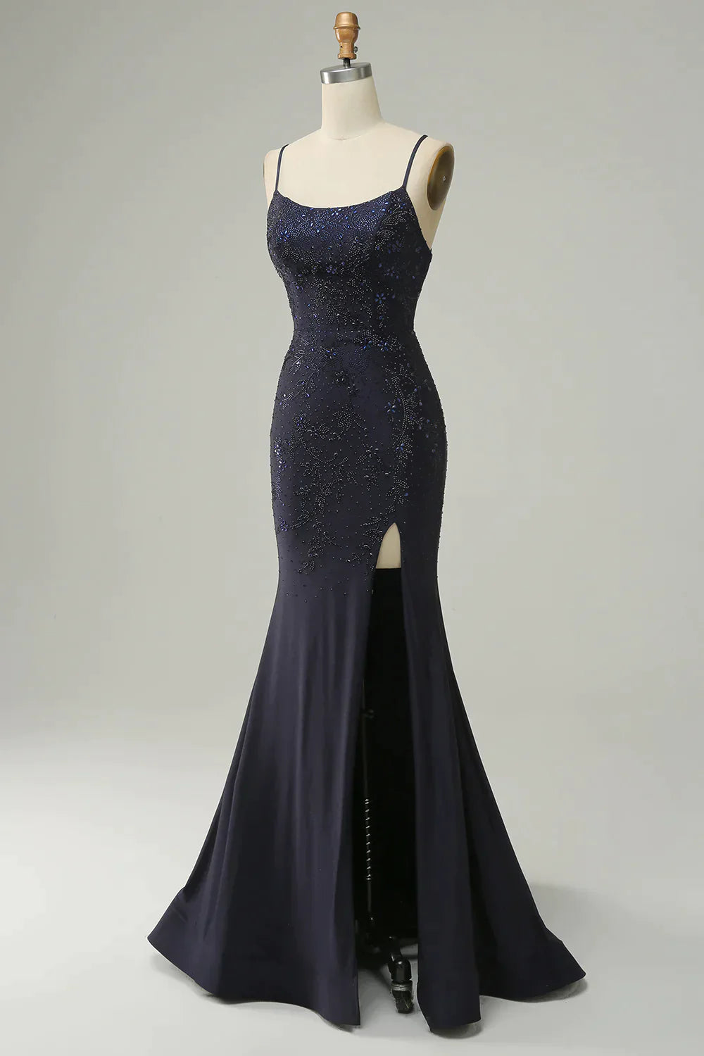Navy Spaghetti Straps Beaded Prom Dress Split With Lace Up Back
