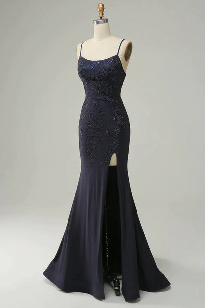 Navy Spaghetti Straps Beaded Prom Dress Split With Lace Up Back