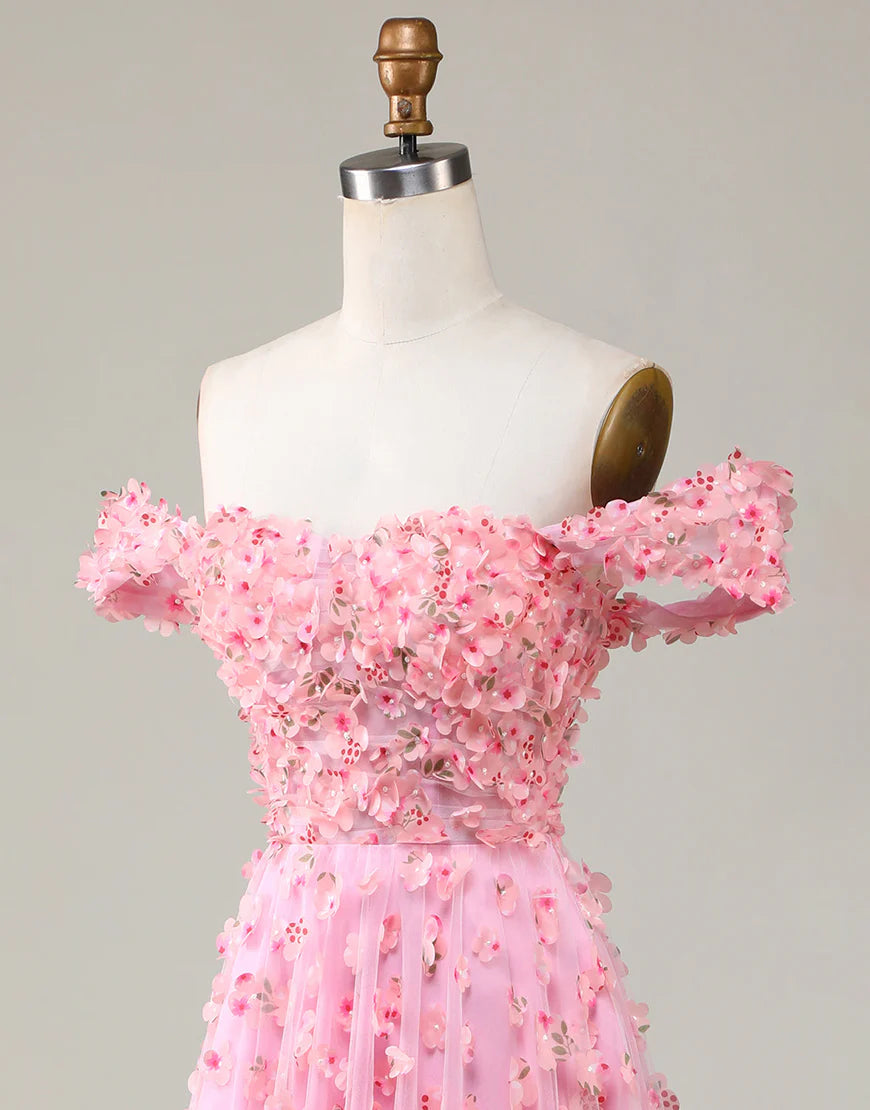 A-line Princess Off The Shoulder Prom Dress with 3D Flowers