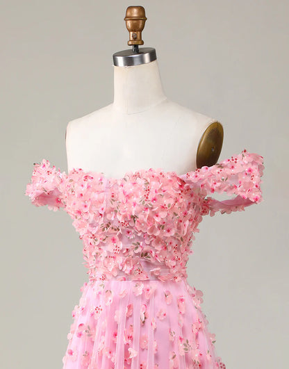 A-line Princess Off The Shoulder Prom Dress with 3D Flowers