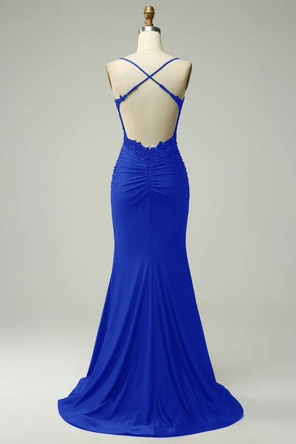 Mermaid Halter Court Train Dress Prom Dress with Appliques Beading