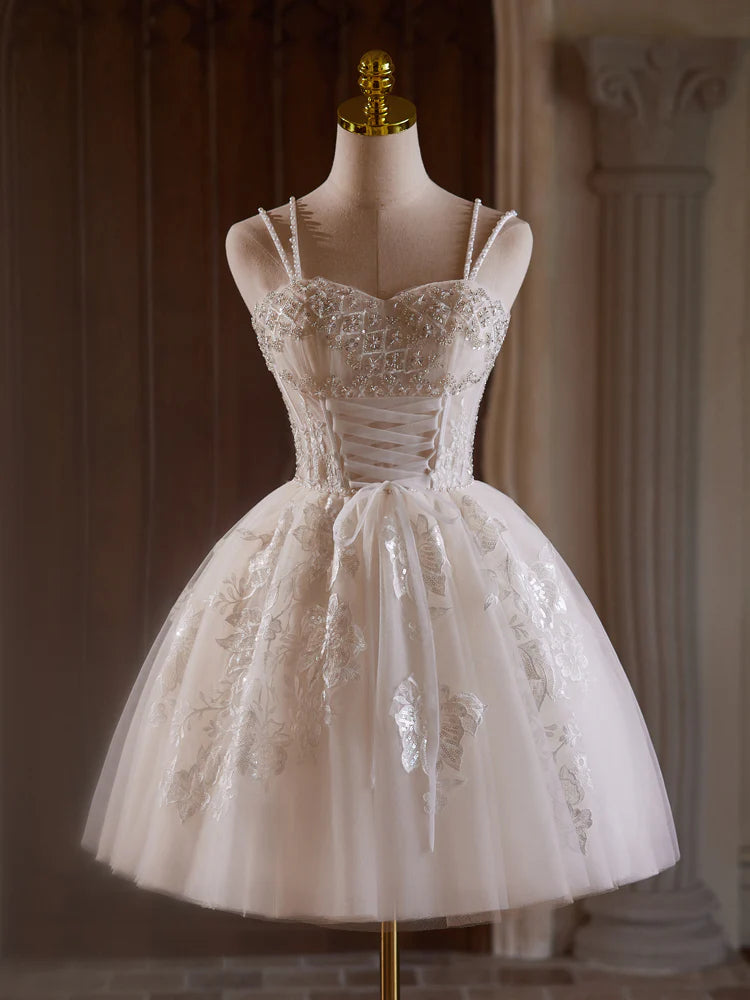 A-Line Sweetheart Neck Tulle Lace Light Homecoming Dress With Beads