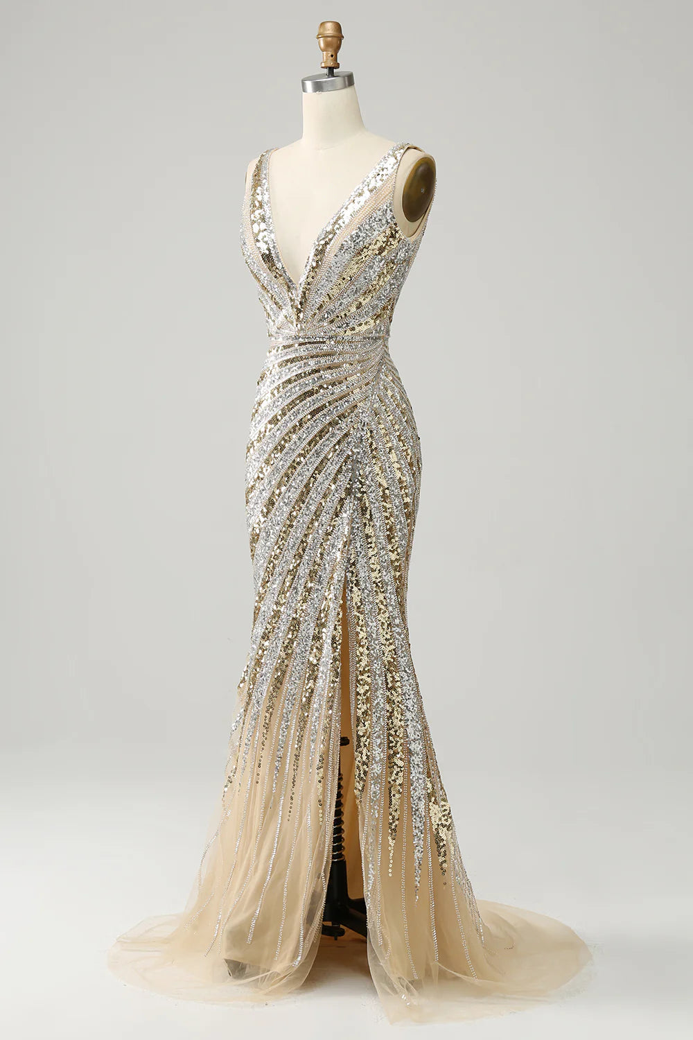 Mermaid Deep V Neck Golden Long Backless Prom Dress with Silt