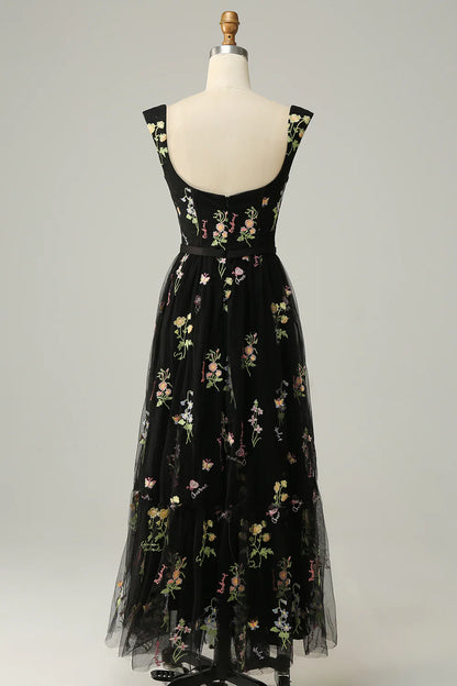 A Line Sweetheart Floor-length Tea length Prom Dress with Embroidery