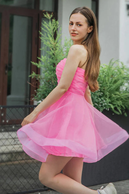 Cute A-Line Light Pink Strapless Tulle Homecoming Dress