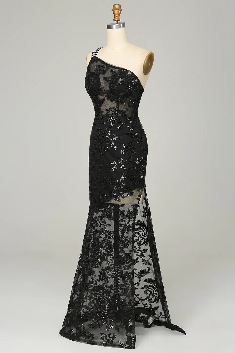 Mermaid Sheath One Shoulder Backless Sequins Black Lace Long Prom Dress