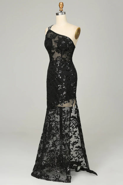 Mermaid Sheath One Shoulder Backless Sequins Black Lace Long Prom Dress