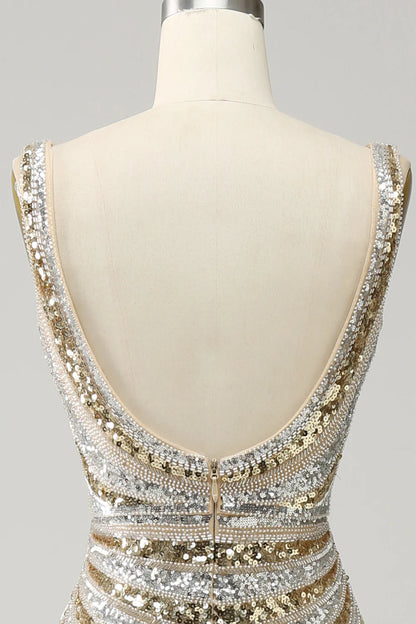 Mermaid Deep V Neck Golden Long Backless Prom Dress with Silt