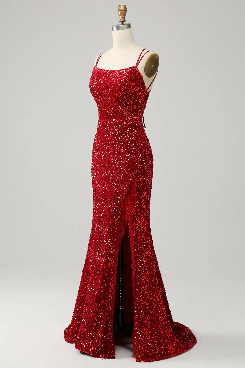 Sequins/Sparkling Mermaid Red Sparkly Backless Long Prom Dress with Fringes