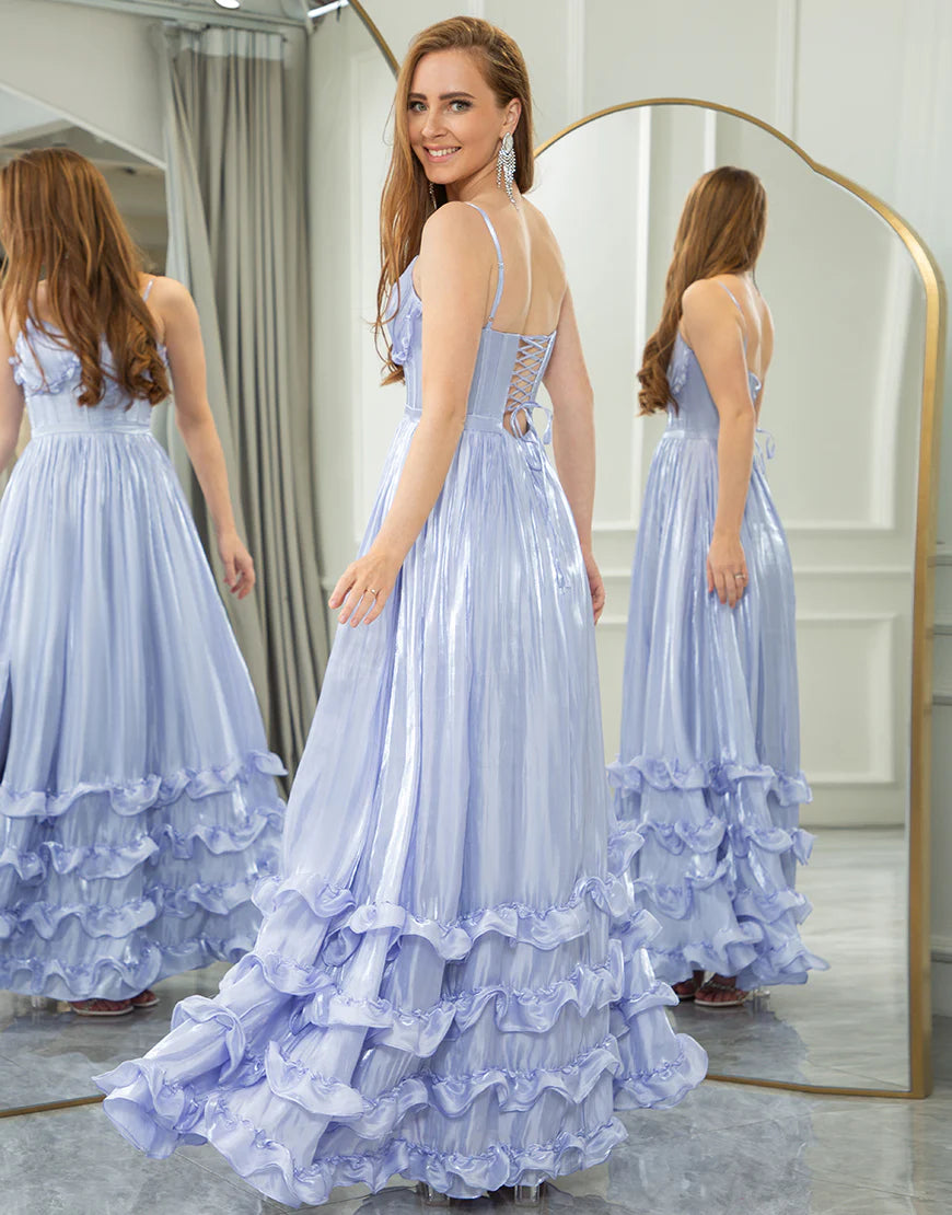 Lavender A Line Tiered Long Prom Dress With Slit