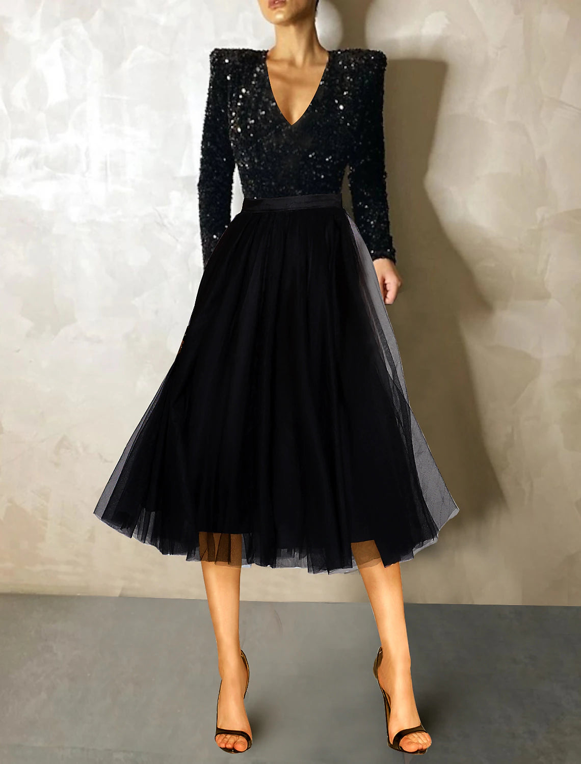 A-Line Cocktail Dress Vintage Dress Evening Party Long Sleeve Jewel Neck with Sequin